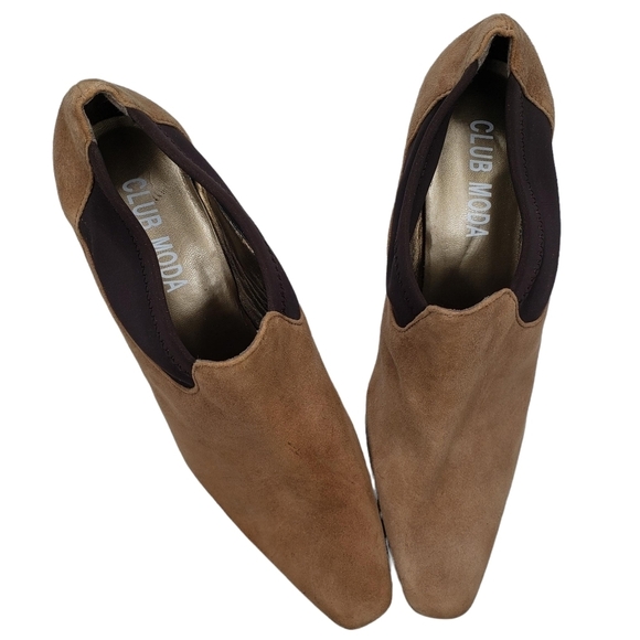 Club Moda | Tan Suede Slip On Retro Chic Glam Closed Toe Heels Women's 8.5 - Picture 7 of 12